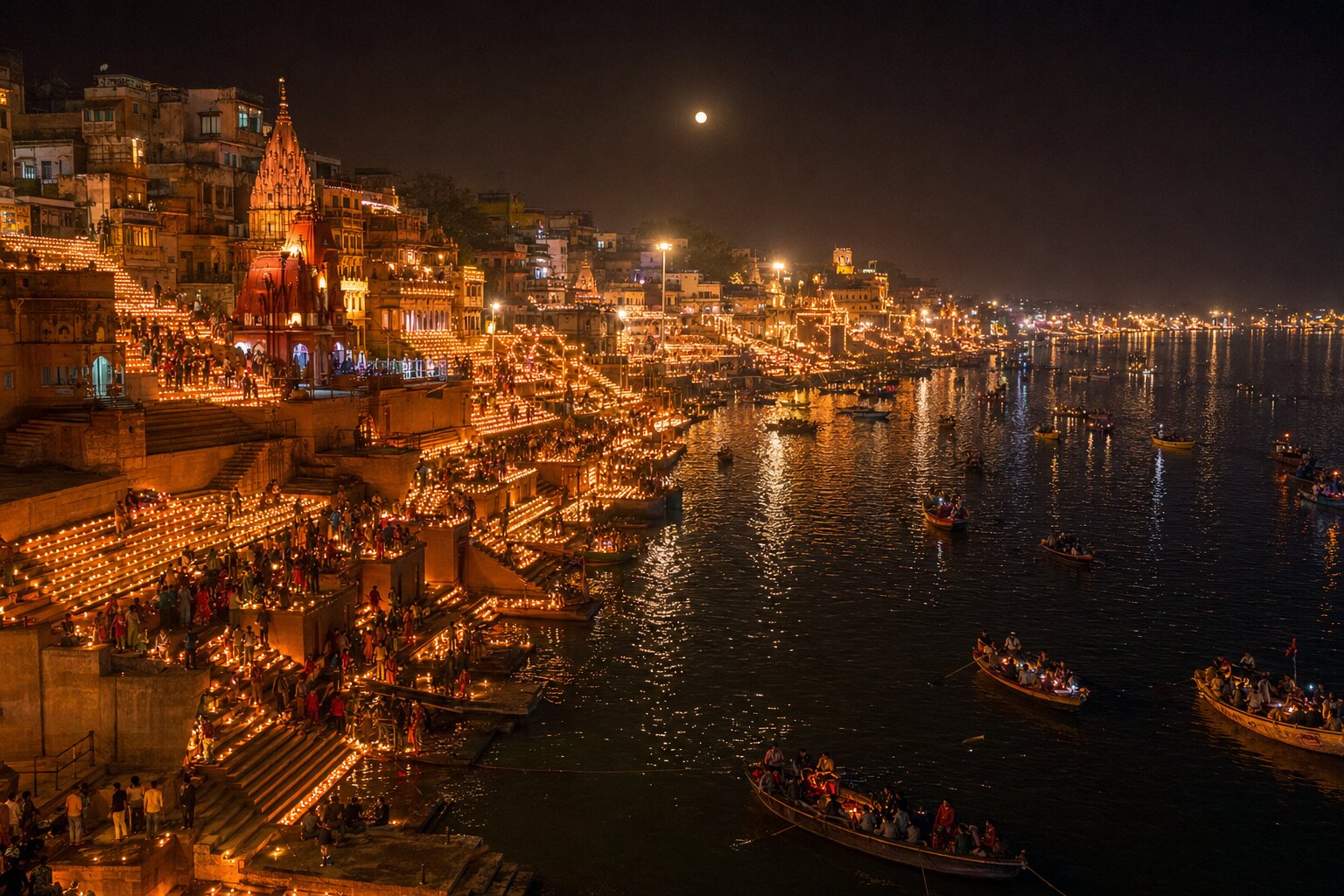 All 84 ghats lined with millions of earthen lamps glowing at dusk