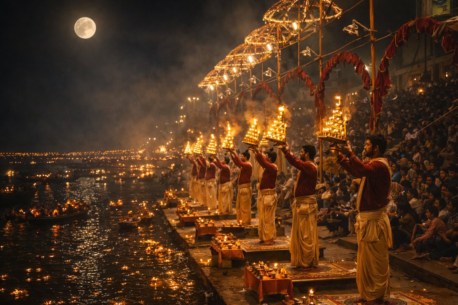 Priests performing synchronized prayers on structural wooden stages