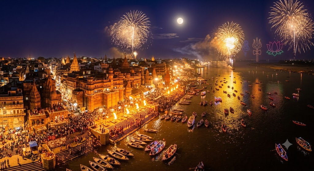 Aerial drone view showing the illuminated crescent riverfront of Kashi