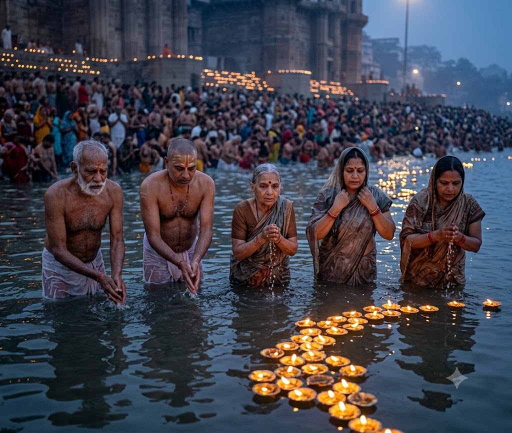 Pilgrims gathering in large crowds for the morning holy bath at dawn