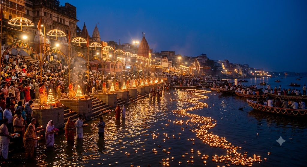 A grand evening Ganga Aarti celebration with large oil lamps