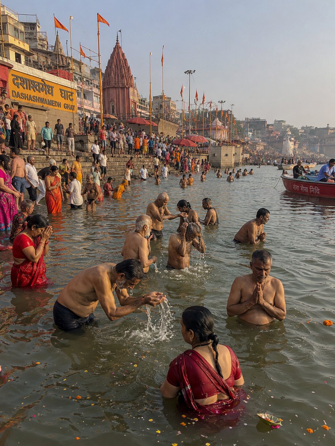 Pilgrims taking a holy dip in the Ganges, Varanasi