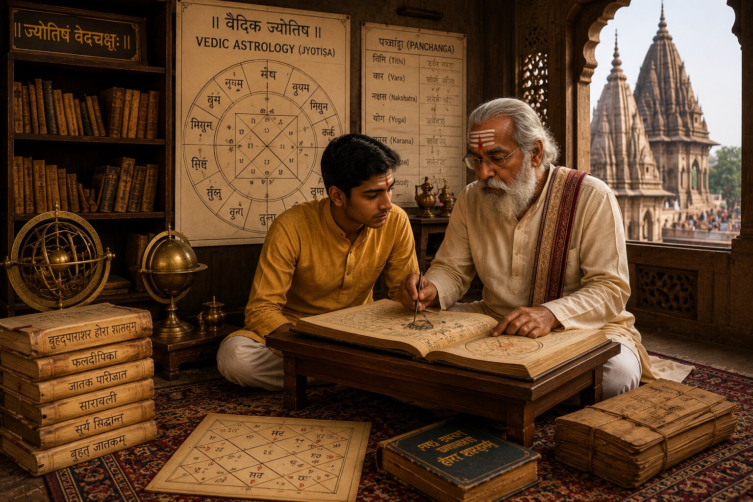 Traditional Jyotisha scholar studying Panchanga in Varanasi