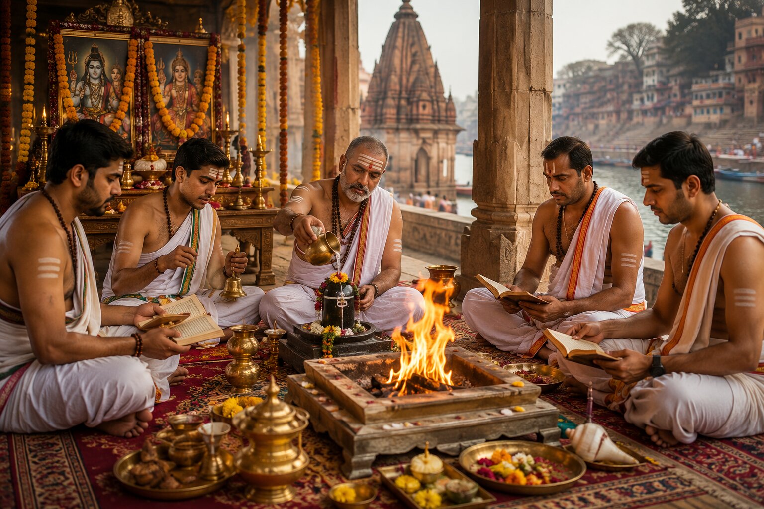 Vedic priests performing Rudrabhishek in Kashi