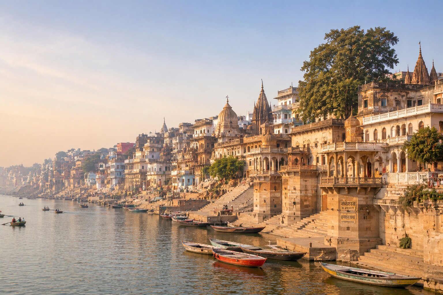 Stone steps and old buildings along the ancient ghats of Varanasi at the riverfront