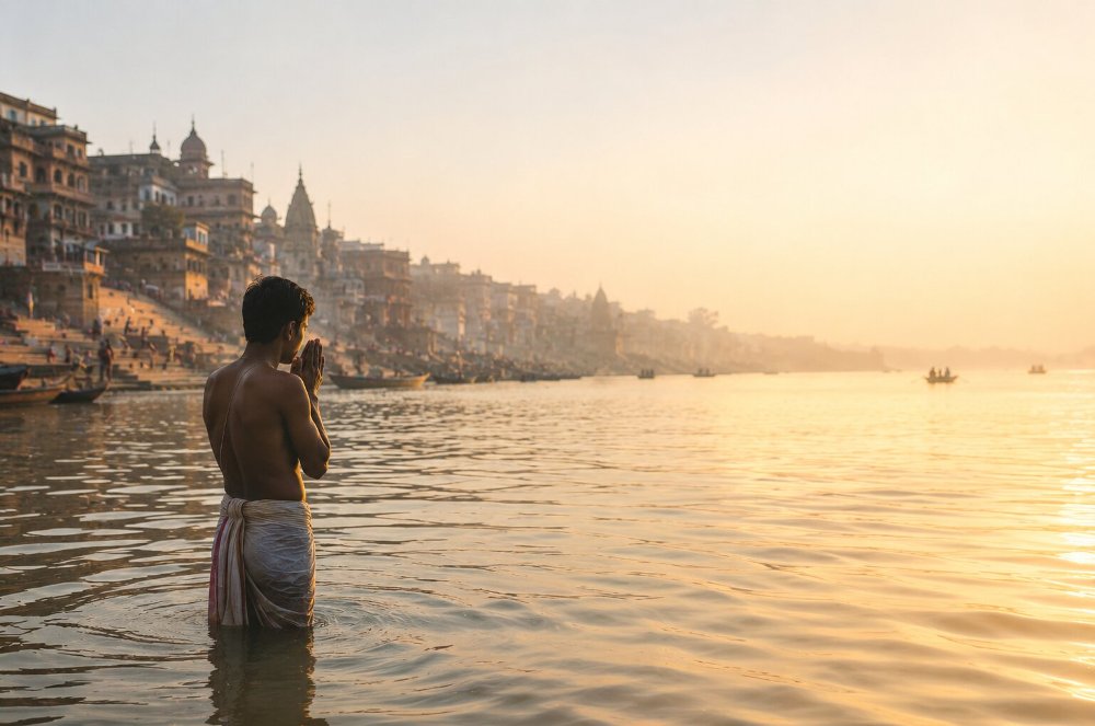 Priests performing morning prayers and rituals on Varanasi Ghats